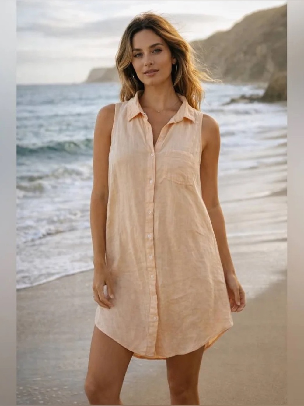 Jackson Rowe peach linen shirt dress sleeveless buttons belt pocket large summer